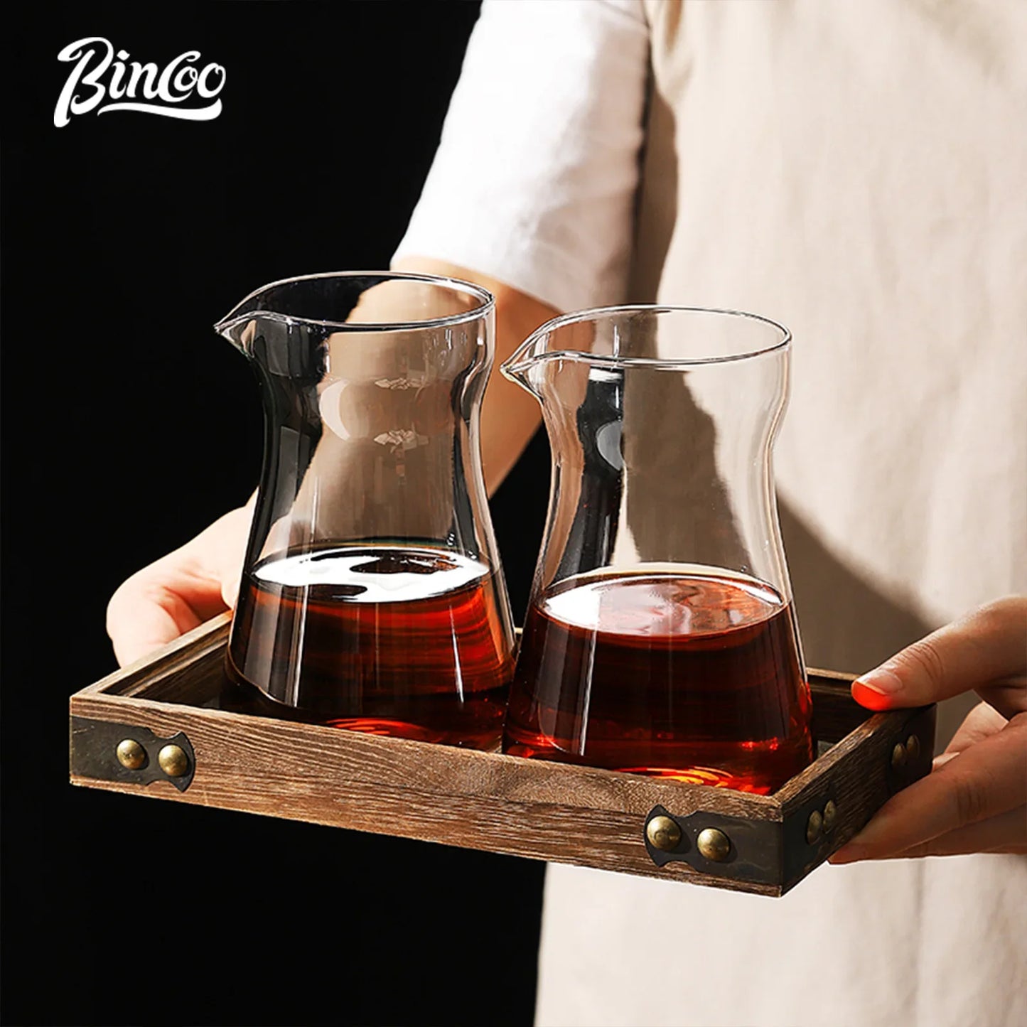 Bincoo 500ml Hand Brewed Coffee Sharing Pot with Wood Card Heat-Resistant High Borosilicate Glass Coffee Pot Coffee Barista Tool