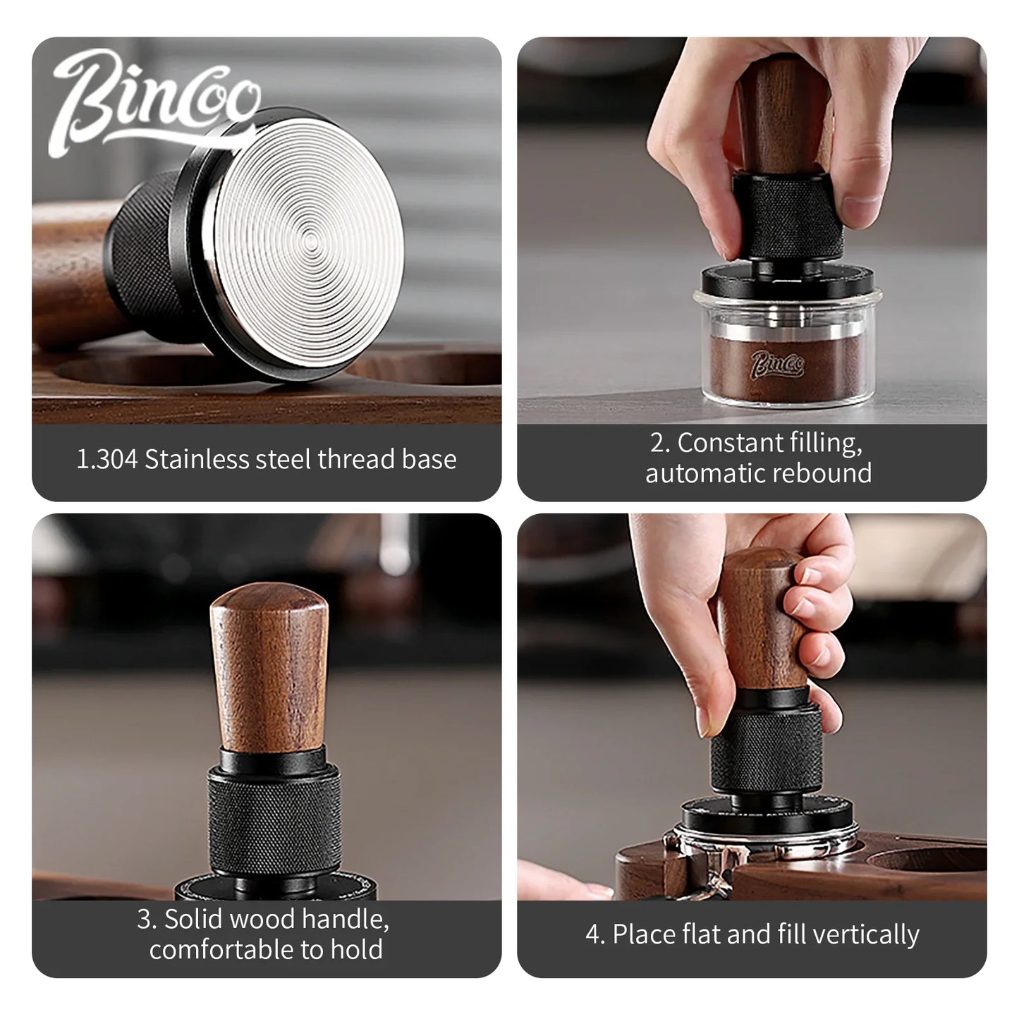 Bincoo 51MM/58MM 30lb Constant Pressure Espresso Coffee Tamper, Stainless Steel Ripple Base, Wood Handle for Home/Cafe Barista
