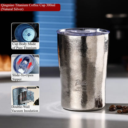 Bincoo GYKF2295 Qingniao Titanium Coffee Cup, 300ml Pure Titanium Double-Wall Tumbler, Frost Blue/Silver Colors, 99.8% Titanium Purity