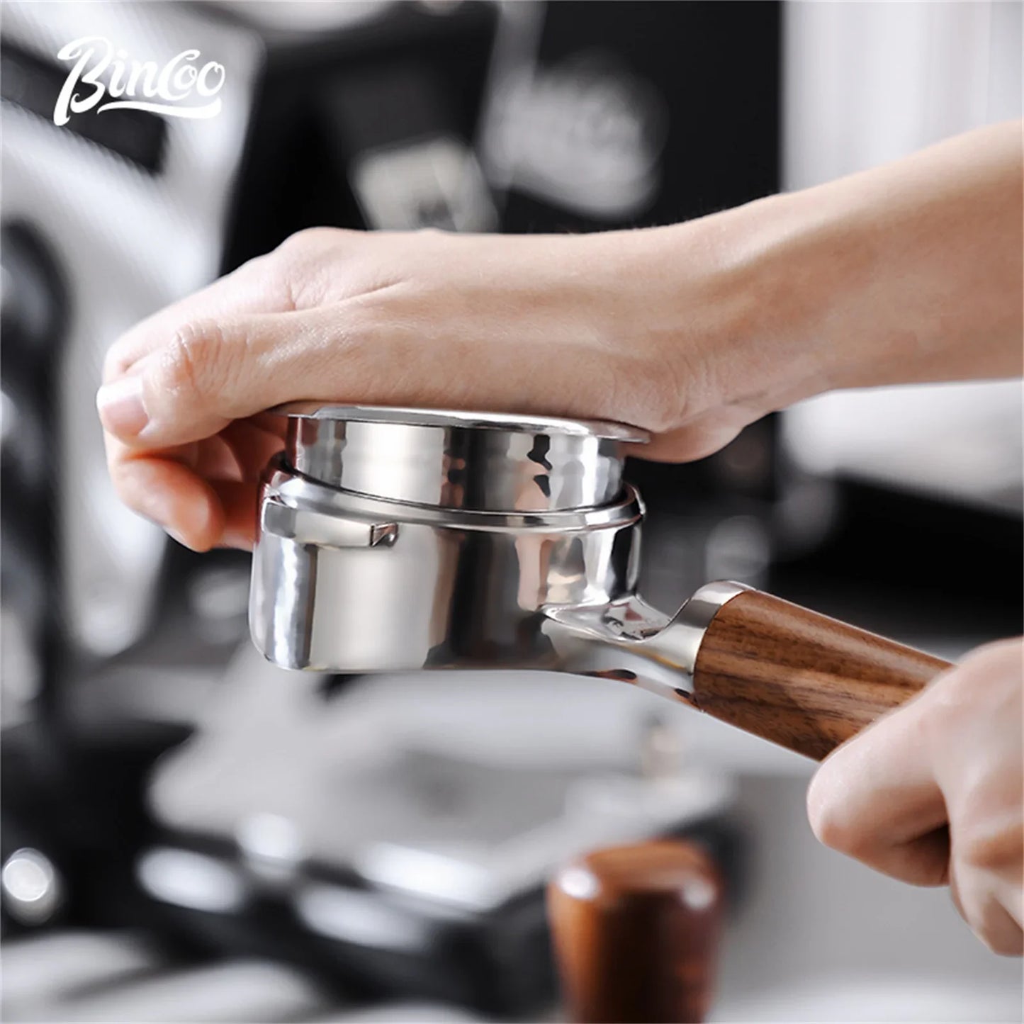 Bincoo Aroma Bottomless Portafilter, Walnut 58mm Universal, Espresso Machine Upgrade, Open Design Fits Delonghi Dongling