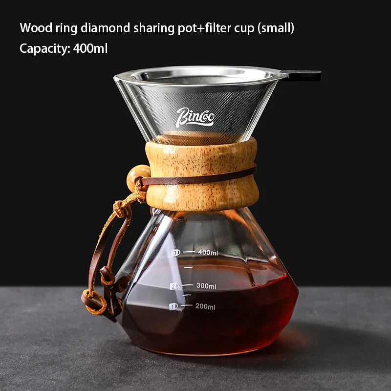 Bincoo Pour Over Coffee Maker Set Borosilicate Glass 800ml Coffee Sharing Pot Set Stainless Steel Coffee Filter Hand Dripper Pot