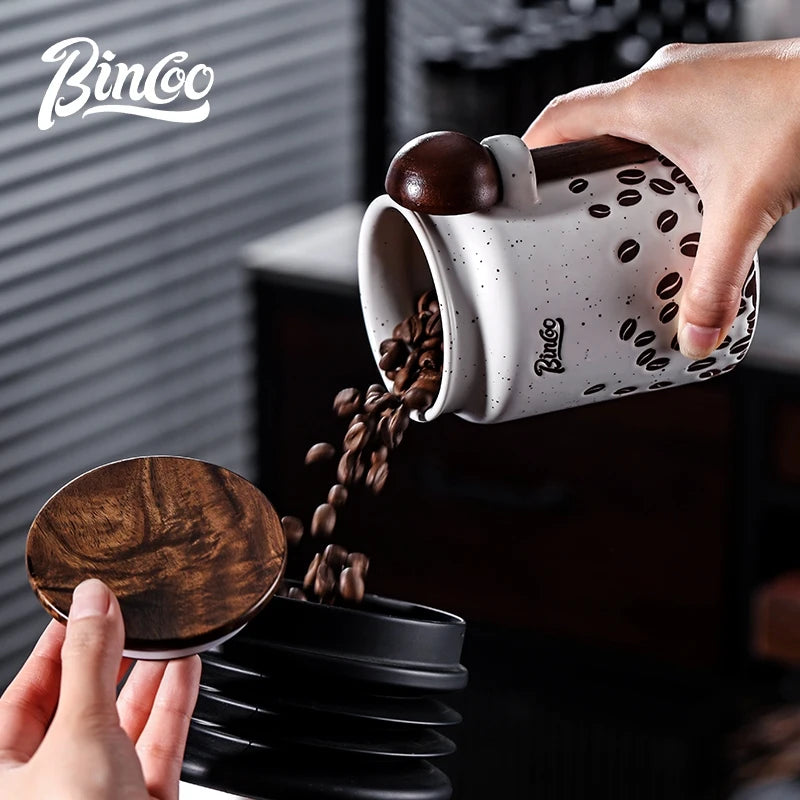 Bincoo Ceramic Coffee Bean Canister Sealed Jar Home Coffee Powder Storage Tank with Wooden Lid 500ML