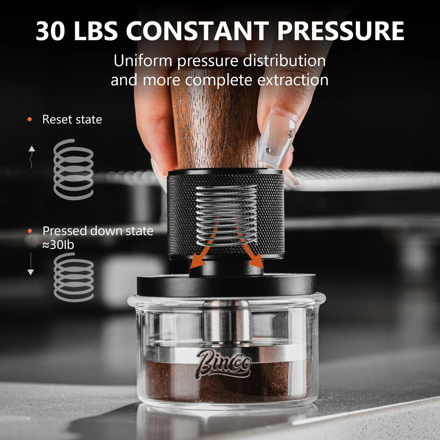 Bincoo 30LB Impact Force Tamper Set with Solid Wood Distributor 51/58mm Constant Pressure Self-Leveling Espresso Tool Kit