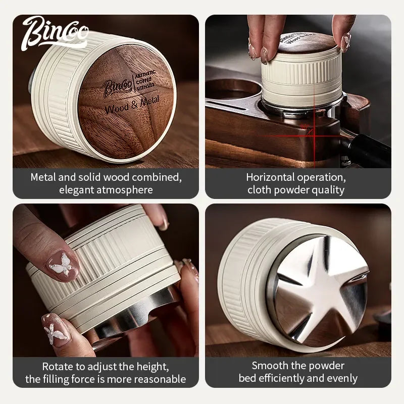 Bincoo 51/58MM Espresso Dispenser with Wooden Lid Adjustable Depth Coffee Masher Leveler Combination Set Home Barista Tools