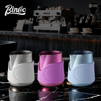 Bincoo Handleless Titanium Frothing Pitcher – Round Spout Latte Art Cup with Measuring Scale, Home Barista Tool