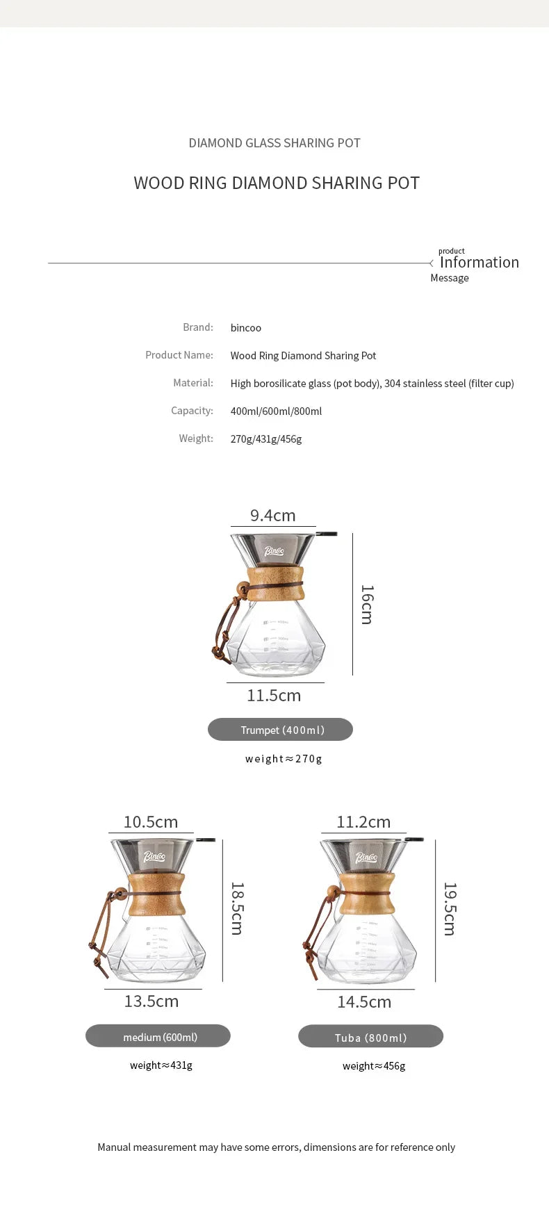 Bincoo Pour Over Coffee Maker Set Borosilicate Glass 800ml Coffee Sharing Pot Set Stainless Steel Coffee Filter Hand Dripper Pot