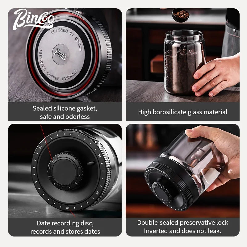 Bincoo Coffee Bean Canister Sealed Jar Glass Sealed Can Vacuum Storage Jar Coffee Powder Storage Timeable 0.4/0.6/0.8/1.2L