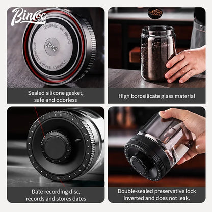 Bincoo Coffee Bean Canister Sealed Jar Glass Sealed Can Vacuum Storage Jar Coffee Powder Storage Timeable 0.4/0.6/0.8/1.2L