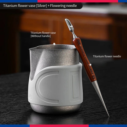 Bincoo Handleless Titanium Frothing Pitcher – Round Spout Latte Art Cup with Measuring Scale, Home Barista Tool