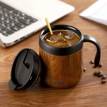 Bincoo 500ml 304 Stainless Steel Travel Coffee Cup with Wood Grain Design Double Wall Insulated Large Tumbler for Drinks