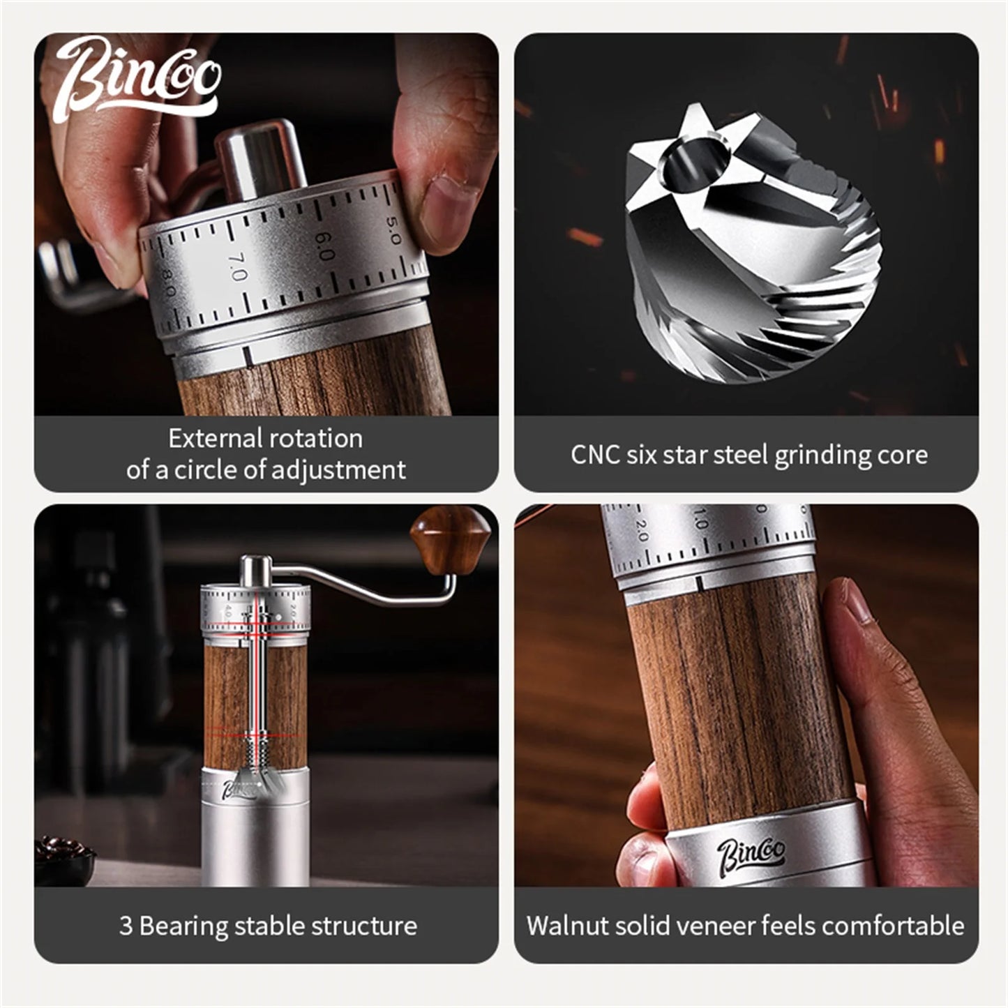 Bincoo Manual Coffee Grinder 38mm CNC 420 6-Star Steel Burr 9-Grade External Adjustment Aluminum Body for Precise Hand Grinding