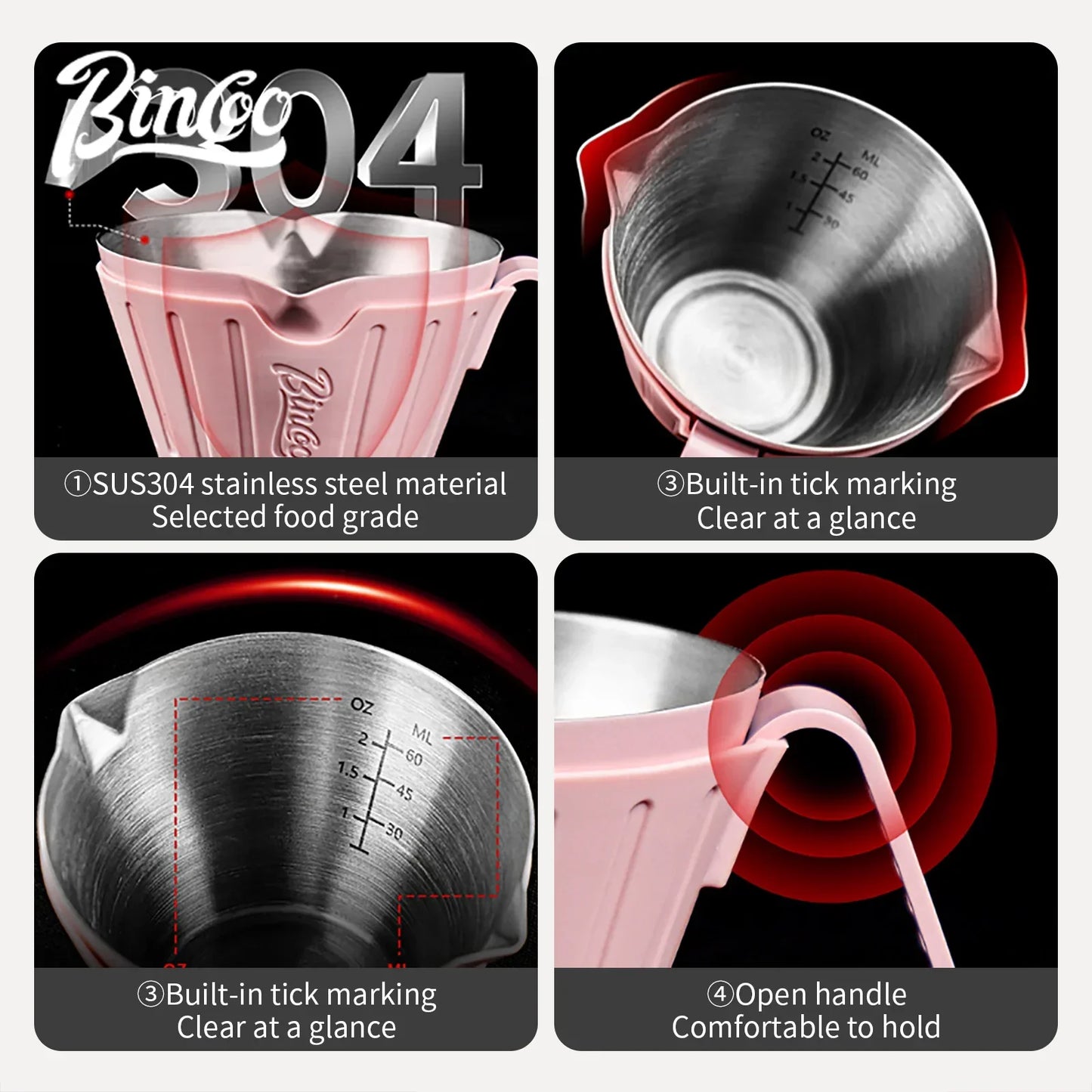 Bincoo 304SS Espresso Shot Glass with Silicone Sleeve 90ml Dual Spout Open Handle Measuring Cup for Coffee Extraction