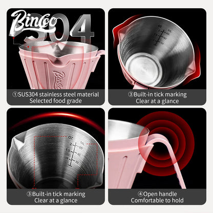 Bincoo 304SS Espresso Shot Glass with Silicone Sleeve 90ml Dual Spout Open Handle Measuring Cup for Coffee Extraction