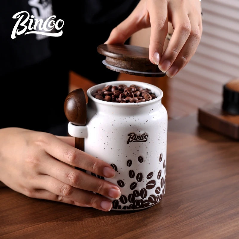 Bincoo Ceramic Coffee Bean Canister Sealed Jar Home Coffee Powder Storage Tank with Wooden Lid 500ML