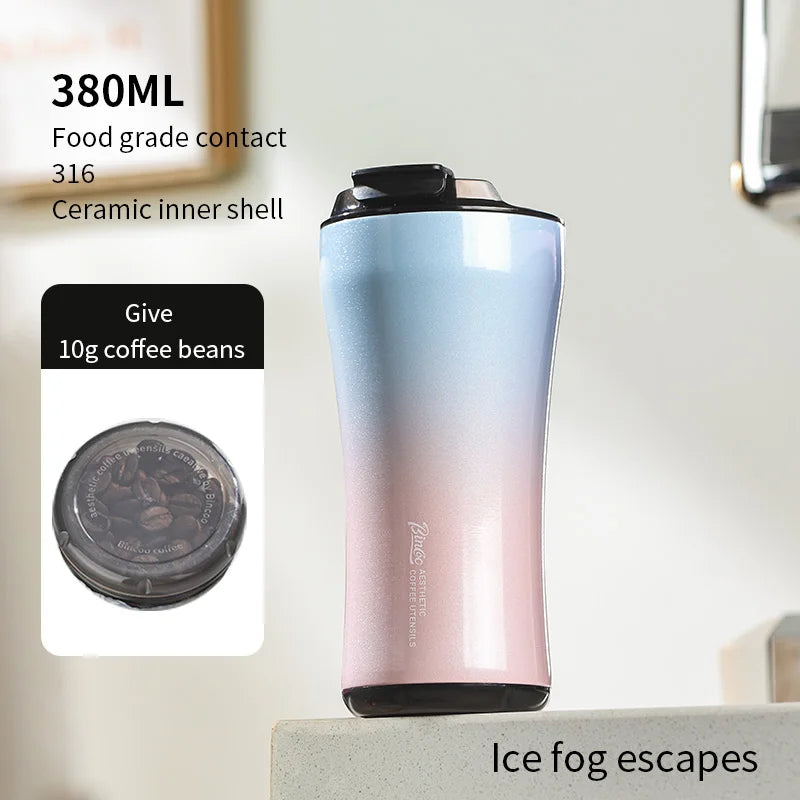 BINCOO 380ML 316 Stainless Steel Coffee Cup, Car Thermos Mug, Leak_Proof Double Wall Ceramic Inner Liner Vacuum Insulated Cups
