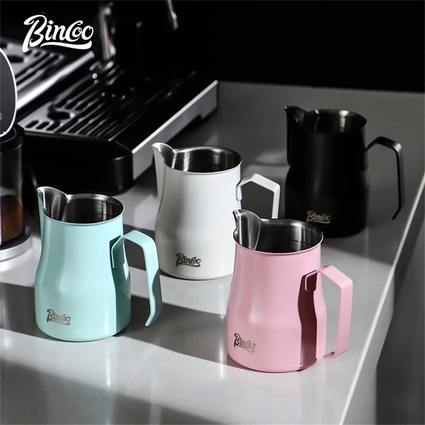 Bincoo GYKF0193 300/450ml Pink Milk Frothing Pitcher Stainless Steel Espresso Steaming Cup with Measurement Scale for Latte Art Barista