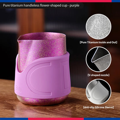 Bincoo Handleless Titanium Frothing Pitcher – Round Spout Latte Art Cup with Measuring Scale, Home Barista Tool