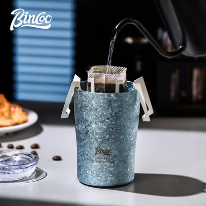 Bincoo GYKF2295 Qingniao Titanium Coffee Cup, 300ml Pure Titanium Double-Wall Tumbler, Frost Blue/Silver Colors, 99.8% Titanium Purity