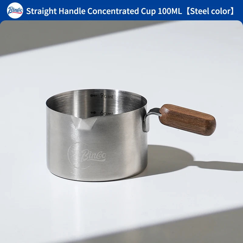 Bincoo Stainless Steel Espresso Measuring Cup With Wood Handle Espresso Shot Cup for Coffee Extraction and Milk Frothing Barista