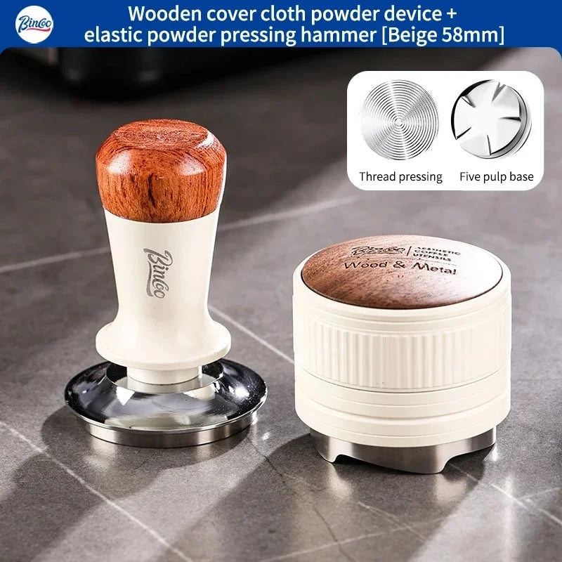 Bincoo 51/58MM Espresso Dispenser with Wooden Lid Adjustable Depth Coffee Masher Leveler Combination Set Home Barista Tools