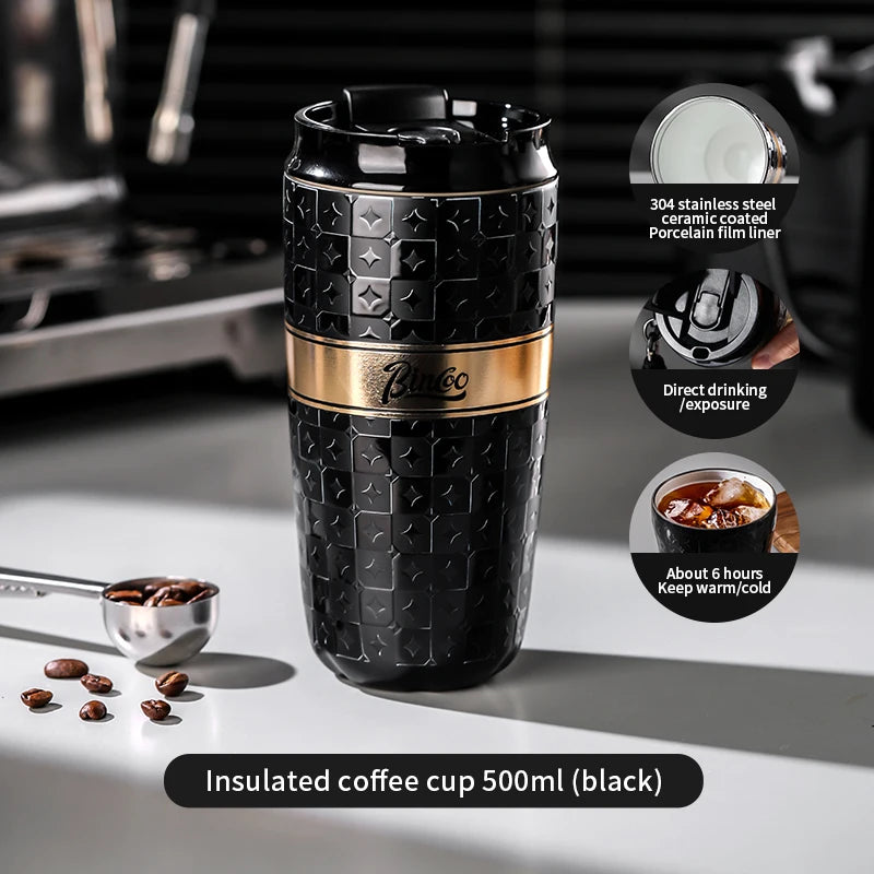 BINCOO 280/500ml Portable Coffee Thermos Cup Double Layered Ceramic Inner Wall Stainless Steel Car Travel Leak-proof Coffee Mugs