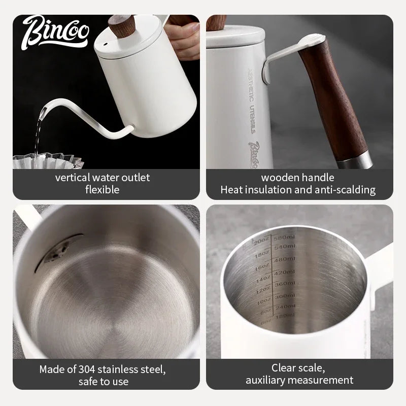 Bincoo 600ML Coffee Pot Gooseneck Kettle Spout 304 Stainless Steel Hand Brewed Espresso Milk Pot Walnut Wood Handle Coffee Maker