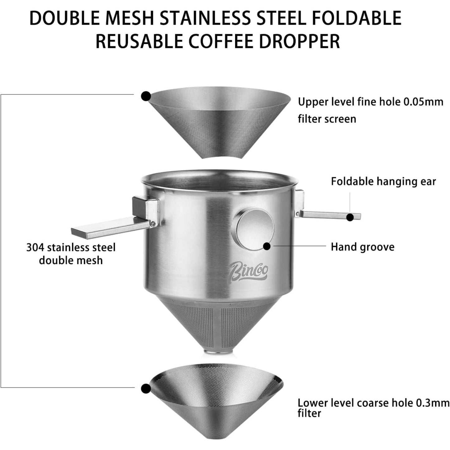 Bincoo GYKF0539 Pour Over Coffee Dripper, Portable Stainless Steel Reusable Coffee Filter, Mini Collapsible Paperless Single Serve 1-2 Cup Coffee Dripper Cup Easy To Clean For Travel Camping Offices