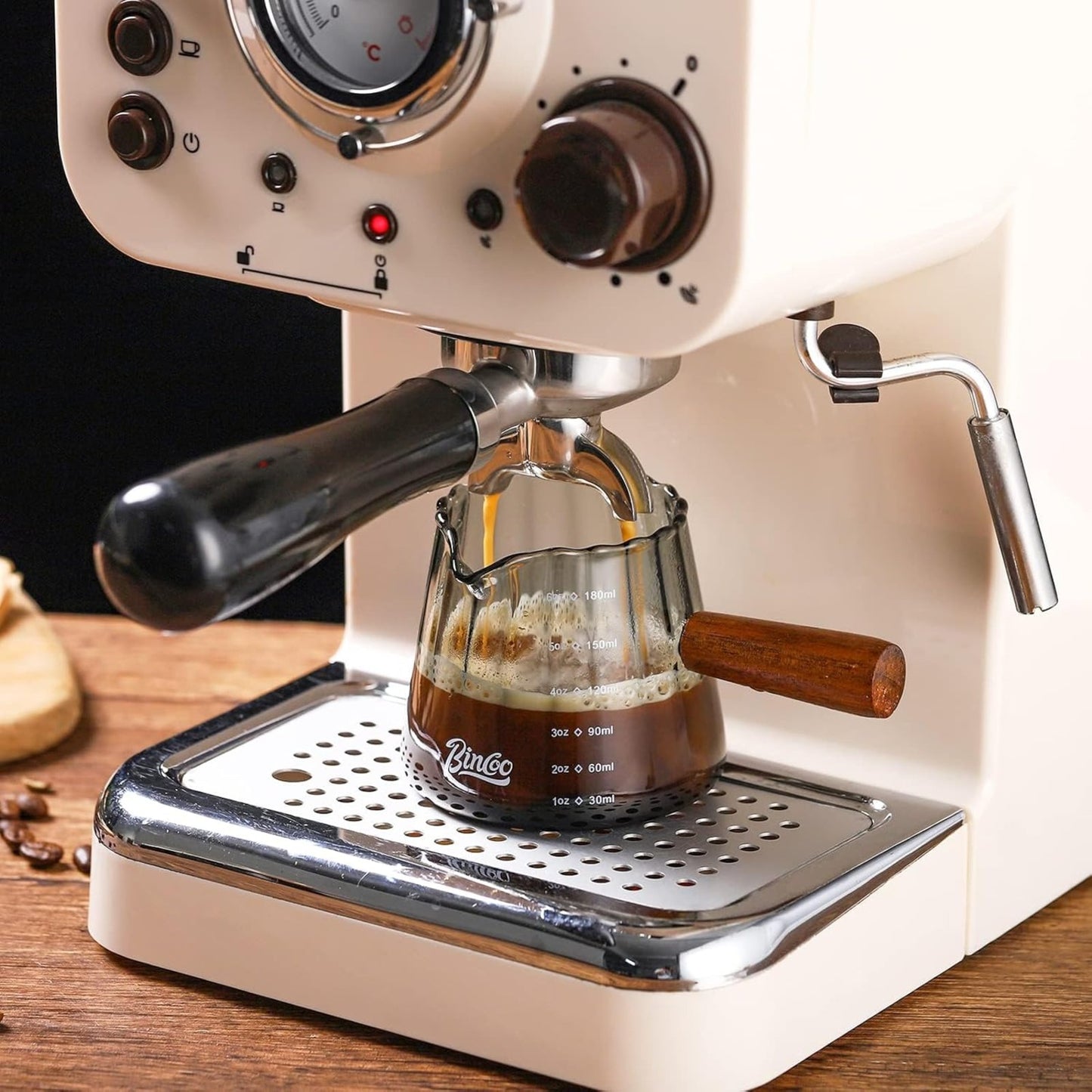 Bincoo GYKF0789 6oz Espresso Shot Glass with Wood Handle,Single Spouts Coffee Milk Measuring Cup with Clear Scale -Heat Resistant Glass Creamer for Coffee Tea or Maple Syrup Serving (180ML gray)