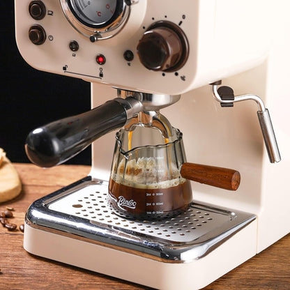 Bincoo GYKF0789 6oz Espresso Shot Glass with Wood Handle,Single Spouts Coffee Milk Measuring Cup with Clear Scale -Heat Resistant Glass Creamer for Coffee Tea or Maple Syrup Serving (180ML gray)