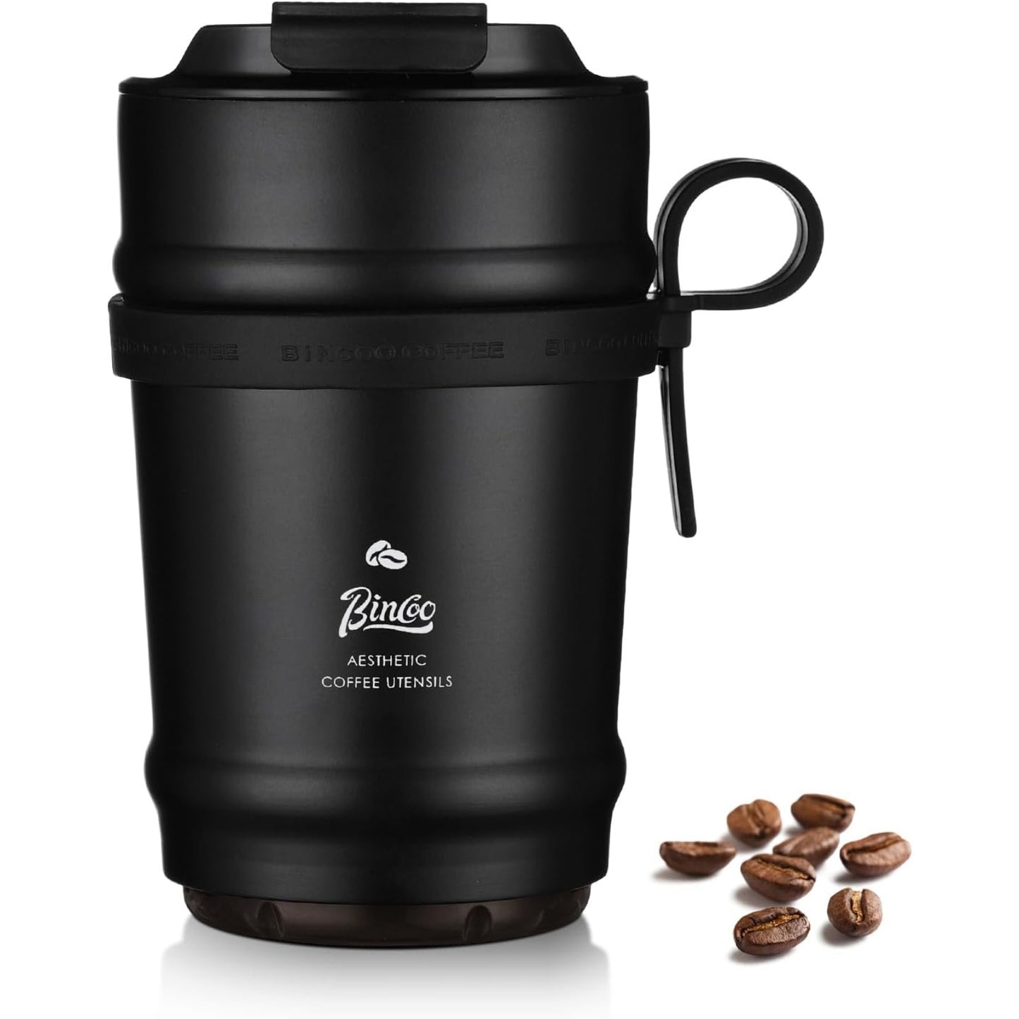 Bincoo 11oz Travel Coffee Mug Tumbler with Flip Lid-316 Stainless Steel Vacuum Coffee Cup with Ceramic Liner for Hot and Cold,Portable Insulation Mug with Rope for Ootdoor Home