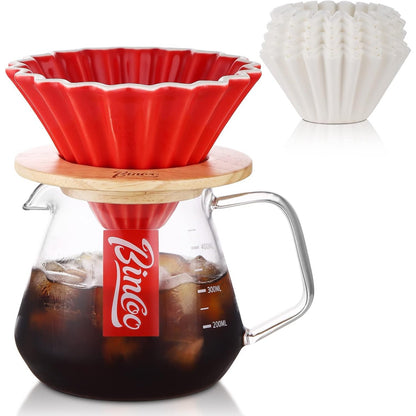 Bincoo Pour Over Coffee Maker Set with Dripper,400ml Glass Coffee Server Set,Ceramics Coffee Dripper with Wood Stand&Filter Paper for Home Office Gift