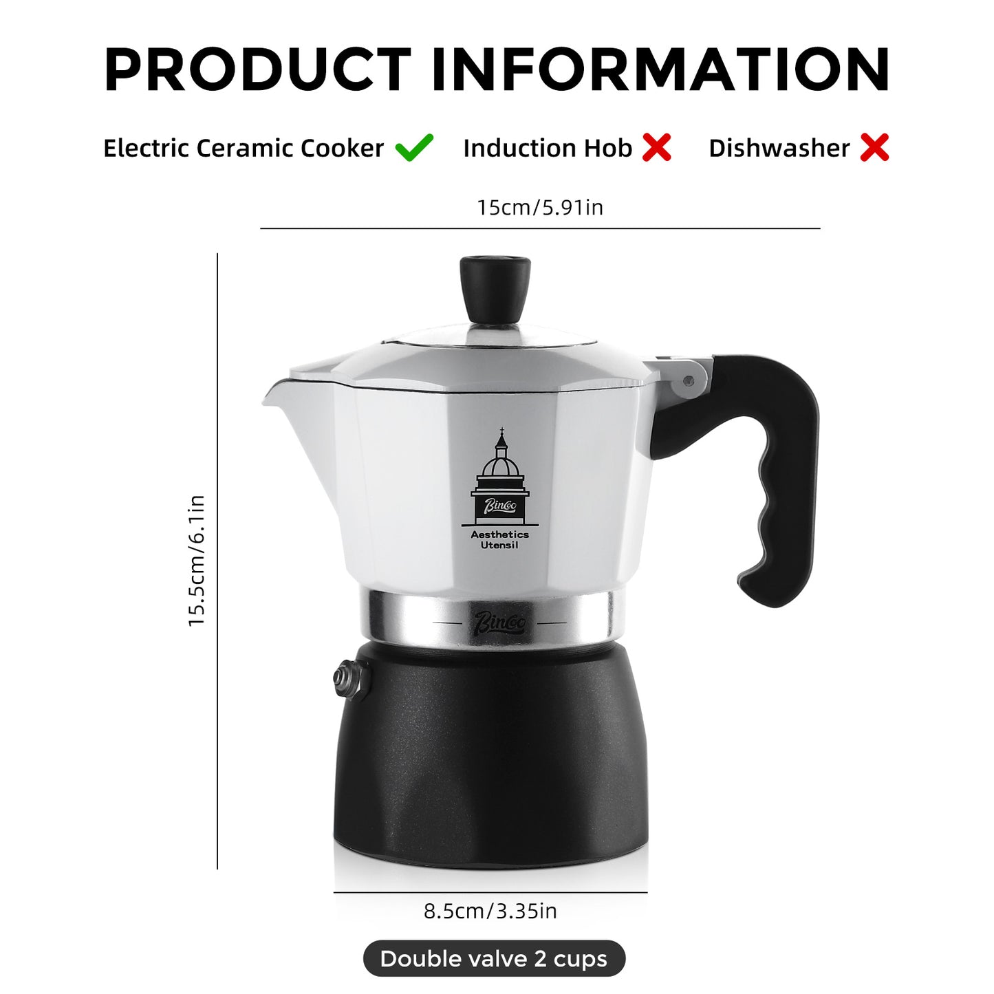 Bincoo Stovetop Espresso Maker,Classic Aluminum Italian Coffee Maker,2Cups Moka Pot for Italian and Cuban Café Brewing, Double Valve Extraction (White-Black, 2 Cups)