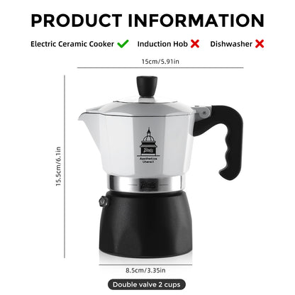 Bincoo Stovetop Espresso Maker,Classic Aluminum Italian Coffee Maker,2Cups Moka Pot for Italian and Cuban Café Brewing, Double Valve Extraction (White-Black, 2 Cups)