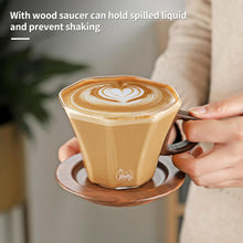 Bincoo Glass Mug with Wooden Handle and and Saucer Set-280ML Glass Coffee Cup Heat Resistant Lightweight Tea Mugs Ideal for Home, Cafe, Coffee Bar(Grey)