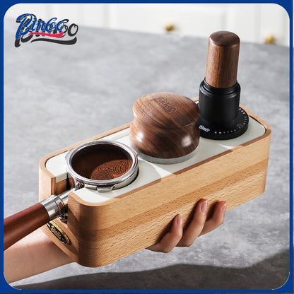 BINCOO Coffee Solid Wood Powder Press Base Espresso Machine Handle Filling Base Set Cloth Powder Dispenser and Tamper Set 51MM/58MM