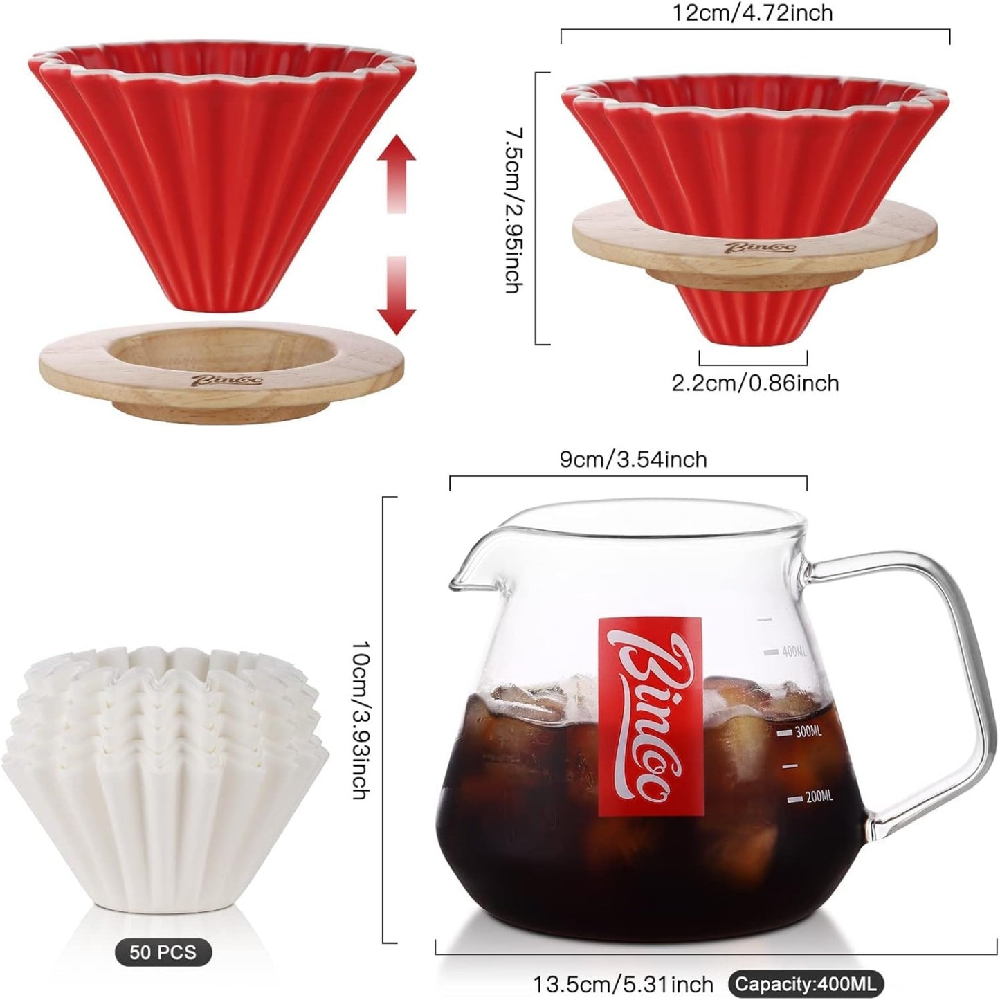 Bincoo Pour Over Coffee Maker Set with Dripper,400ml Glass Coffee Server Set,Ceramics Coffee Dripper with Wood Stand&Filter Paper for Home Office Gift