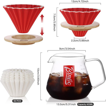 Bincoo Pour Over Coffee Maker Set with Dripper,400ml Glass Coffee Server Set,Ceramics Coffee Dripper with Wood Stand&Filter Paper for Home Office Gift