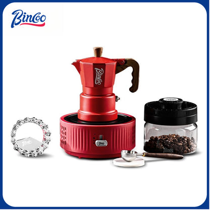 BINCOO Red Three-Valve Moka Pot with Electric Stove Set, Coffee Maker, Manual Coffee Grinder Set, Italian-Style Coffee Outdoor Set 1Cup/2Cups