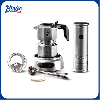BINCOO 316 Stainless Steel Three-Valve Moka Pot with Electric Grinder Set Suitable for Outdoor Travel and Office Use 2Cups