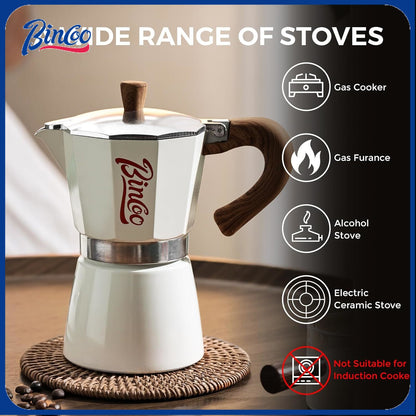Bincoo Espresso Maker Stovetop, Moka Pot 6 Cups, Espresso Pot Classic Italian Coffee Maker,Single Safety Valve (White, 6 Cup)