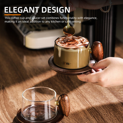 Bincoo Glass Coffee Cups and Saucers Set,250ML Clear Glass Iced Coffee Mug Espresso Cup Tea Cup with Walnut Coaster and Handle (Clear)