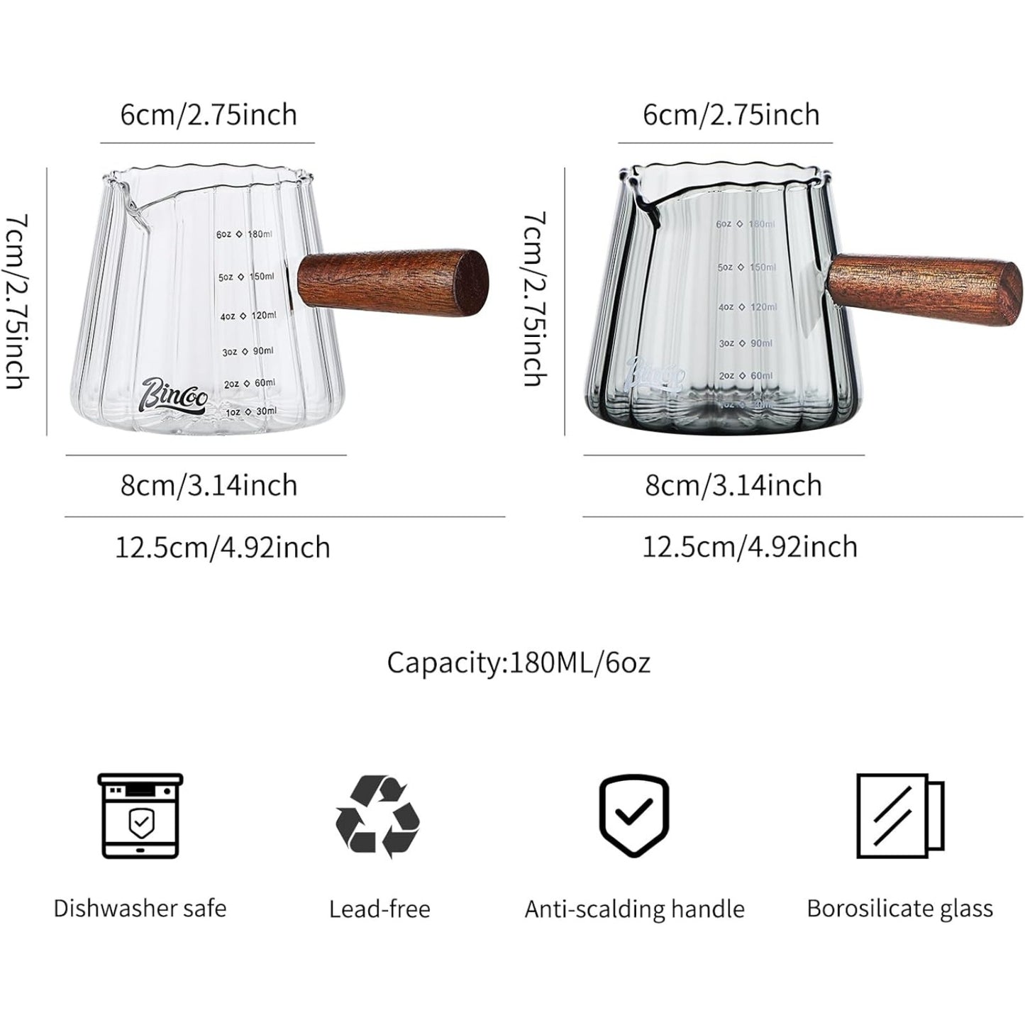 Bincoo GYKF0789 6oz Espresso Shot Glass with Wood Handle,Single Spouts Coffee Milk Measuring Cup with Clear Scale -Heat Resistant Glass Creamer for Coffee Tea or Maple Syrup Serving (180ML gray)
