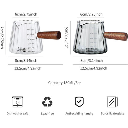 Bincoo GYKF0789 6oz Espresso Shot Glass with Wood Handle,Single Spouts Coffee Milk Measuring Cup with Clear Scale -Heat Resistant Glass Creamer for Coffee Tea or Maple Syrup Serving (180ML gray)