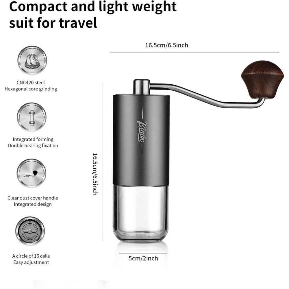 Bincoo GYKF1881 Manual Coffee Grinders-Adjustable Manual Burr Grinder with 6-Star CNC Steel Burrs, Portable Hand Espresso Grinder for Home, Office and Camping(Grey)