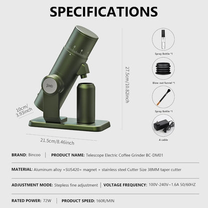 Bincoo DM01 Electric Coffee Grinder Stepless Adjustment Grinding Settings,Stainless Steel Burr Coffee Grinder with Brush and Top Blower for Home Use Pour Over&Espresso