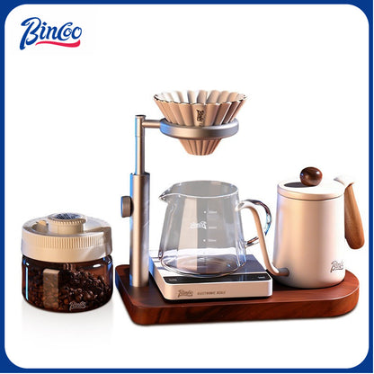 BINCOO Solid Wood Pour-Over Coffee Stand Home Ceramic Filter Cup Coffee Pot Set Complete Set with Manual Coffee Grinder