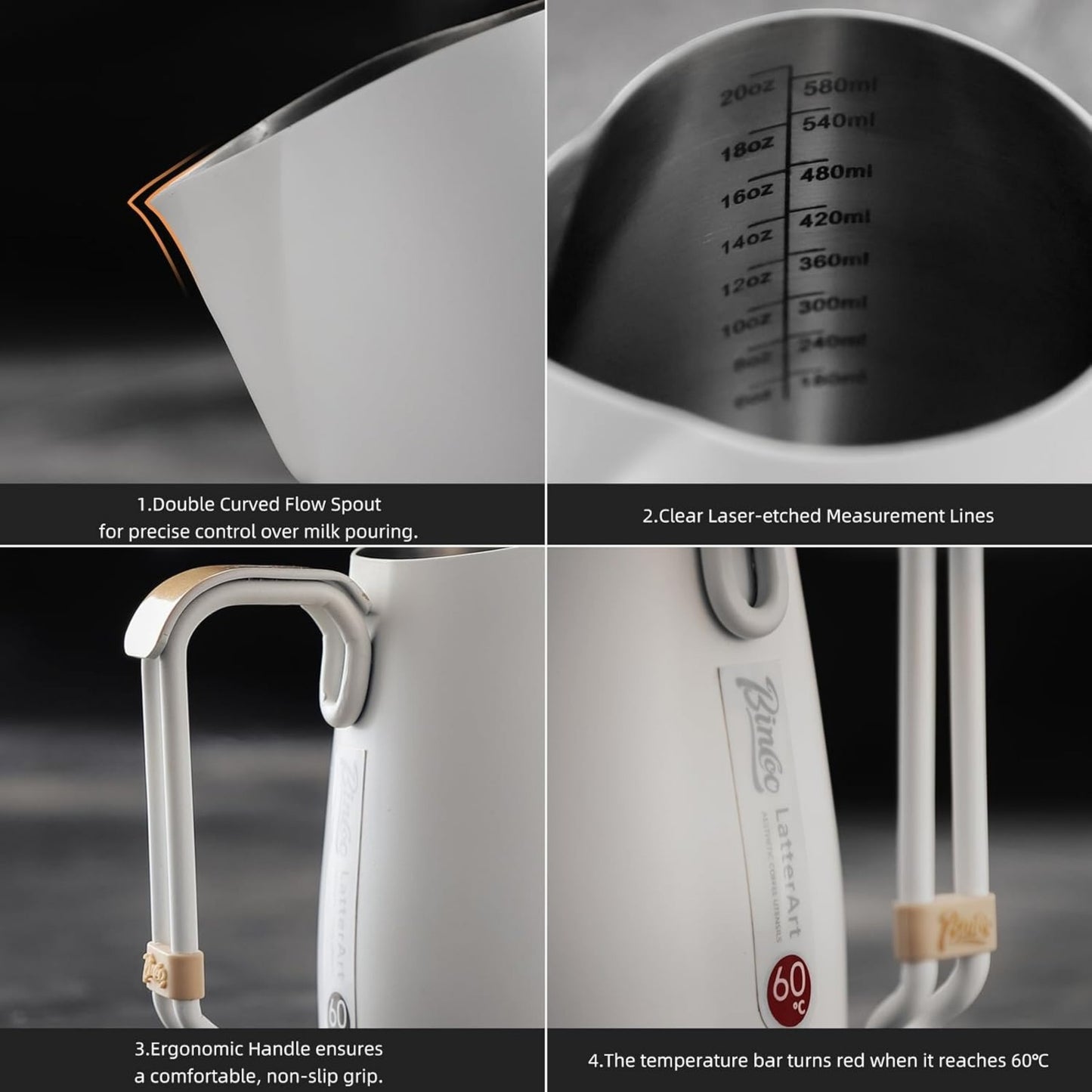 Bincoo Espresso Milk Frothing Pitcher Stainless Steel 20oz/600ML Coffee Milk Frother Cup-Milk Frothing Pitcher with Measurement Lines,Ergonomic Handle for Latte Art & Cappuccino(White)