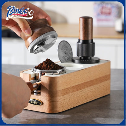 BINCOO Coffee Solid Wood Powder Press Base Espresso Machine Handle Filling Base Set Cloth Powder Dispenser and Tamper Set 51MM/58MM