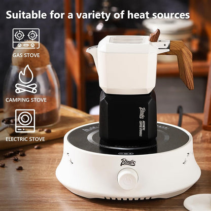 Bincoo Stovetop Espresso Maker 2 Cups-Creative Moka Coffee Pot Double Valve,Italian Coffee Maker Aluminium Stovetop Camping Espresso Maker,120ML/4oz(White-black)