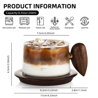Bincoo Glass Coffee Cups and Saucers Set,250ML Clear Glass Iced Coffee Mug Espresso Cup Tea Cup with Walnut Coaster and Handle (Clear)